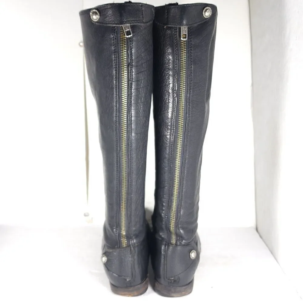 FRYE Women's Melissa Back Zip US 7,5B Black Leather Button Tall Riding Boots